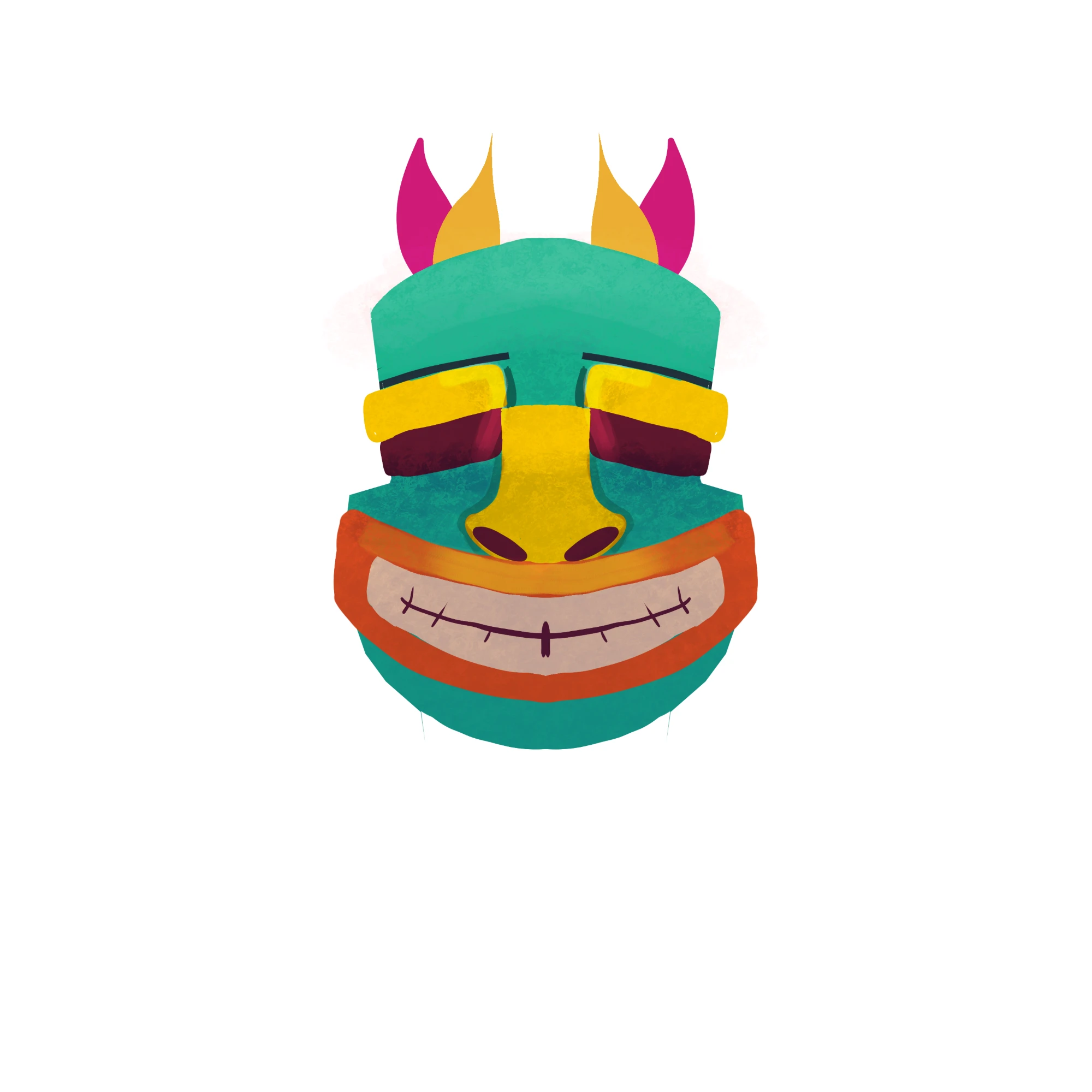 Illustrated teal mask with a wide orange grin